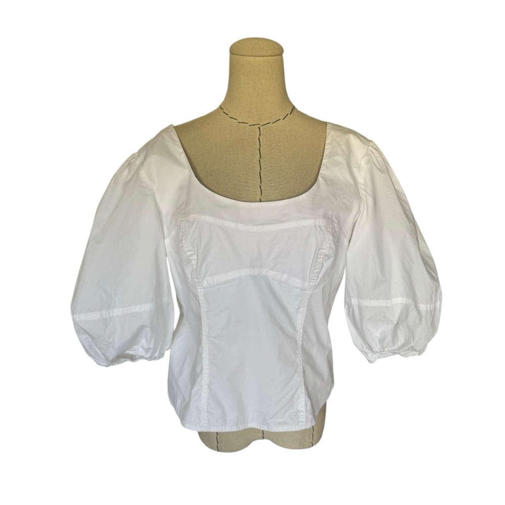 Jonathan Simkhai White Puff Sleeve Cotton Blouse Top Fitted Coquette Large